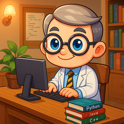 Professor Byte sitting at a desk coding